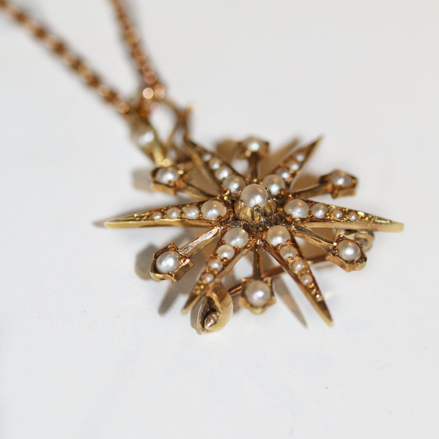 15ct Gold Seed Pearl Star Necklace/Brooch