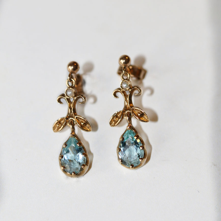 9ct Yellow Gold Aquamarine & Pearl Drop Earrings