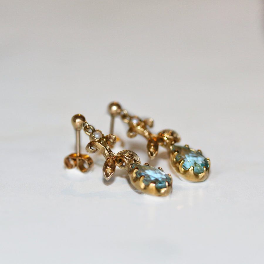 9ct Yellow Gold Aquamarine & Pearl Drop Earrings