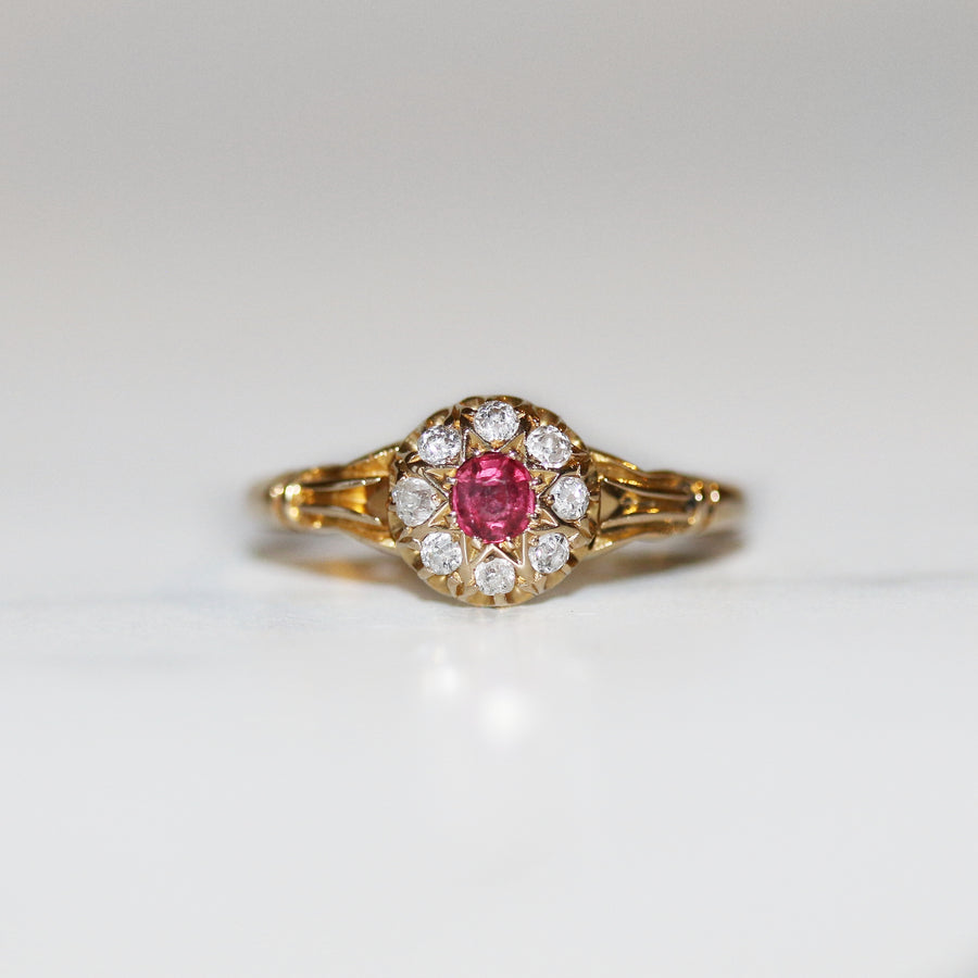 Victorian 18ct Yellow Gold Ruby & Diamond Cluster Ring