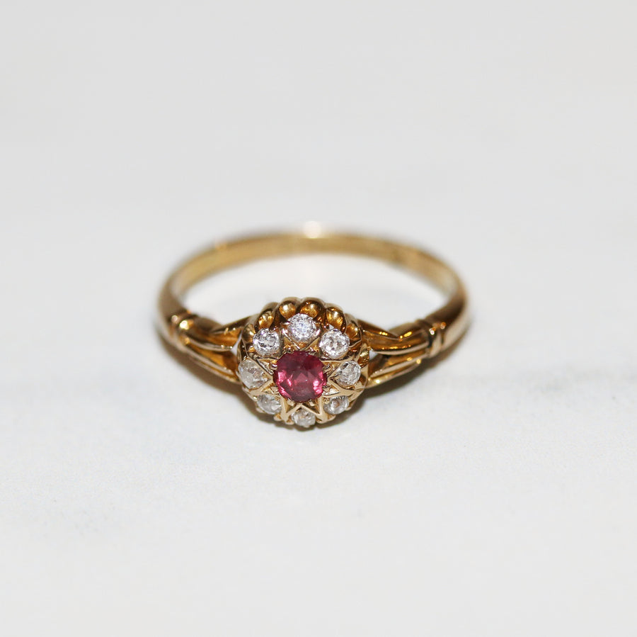 Victorian 18ct Yellow Gold Ruby & Diamond Cluster Ring