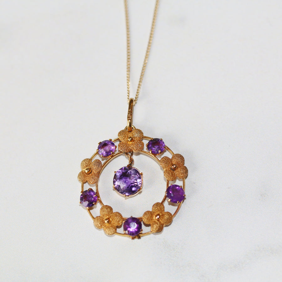 9ct Yellow Gold Amethyst Floral Wreath Style Necklace