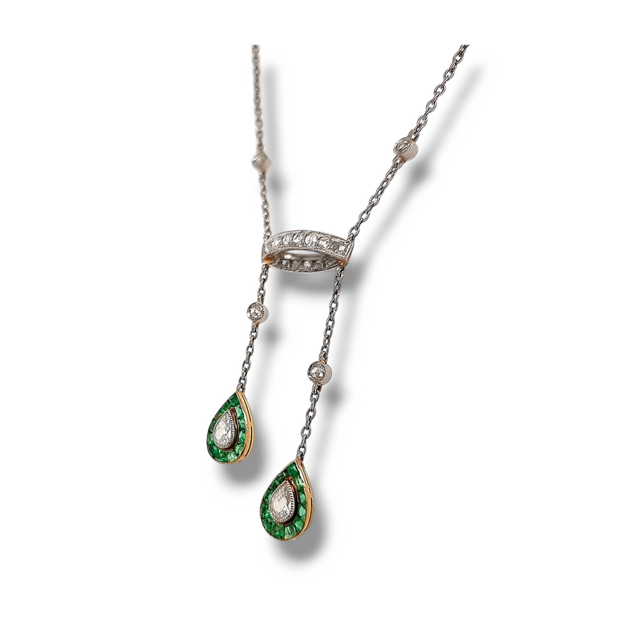Platinum Diamond and Emerald Negligee 18 Necklace