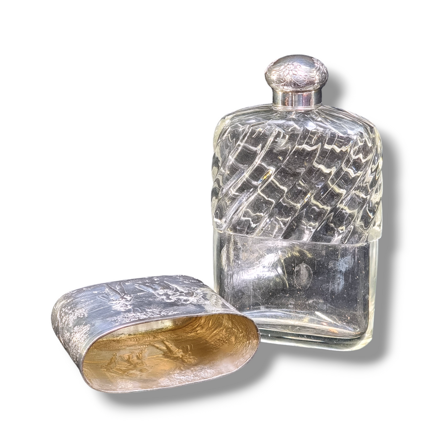 Silver German Hanau Embossed Spirit Flask