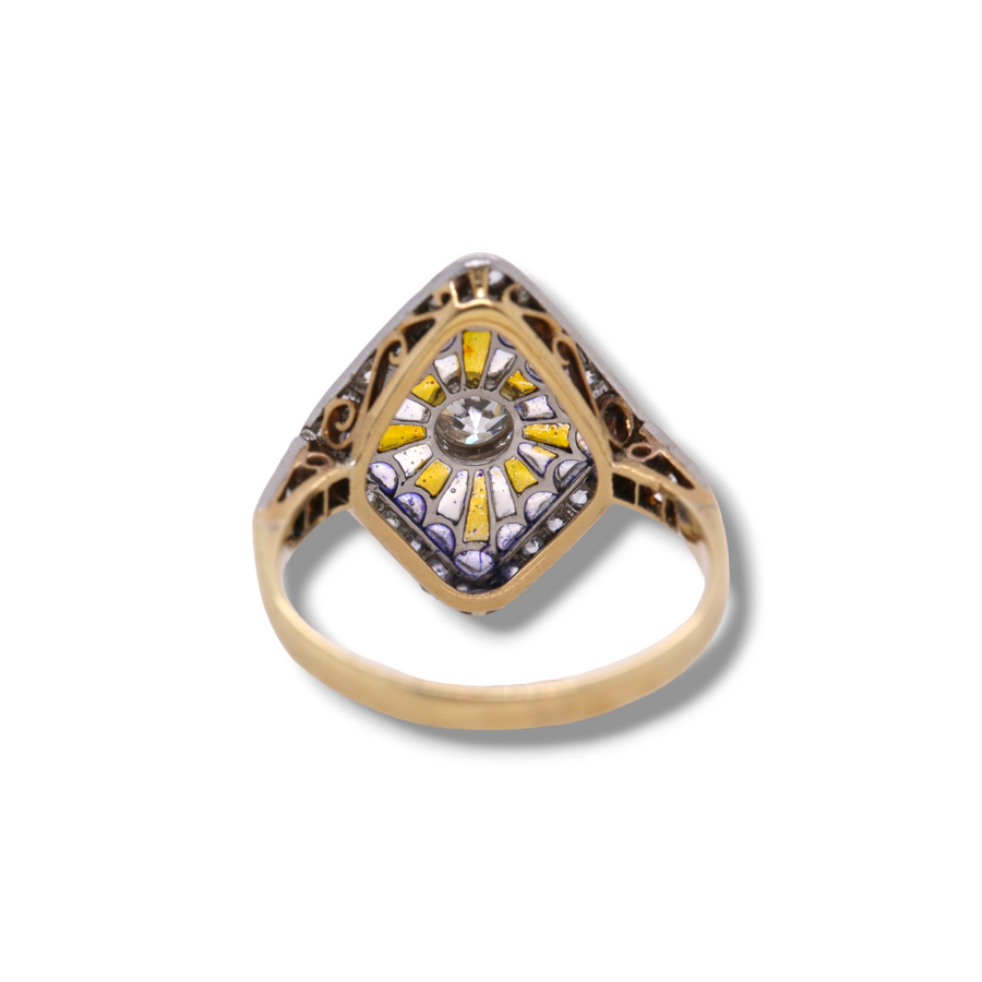 18ct Yellow Gold Plique A Jour Diamond Dress Ring