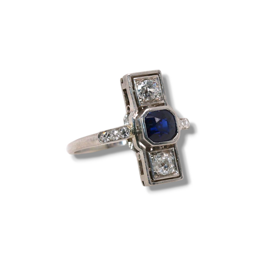 Art-Deco Diamond and Sapphire Platinum Ring