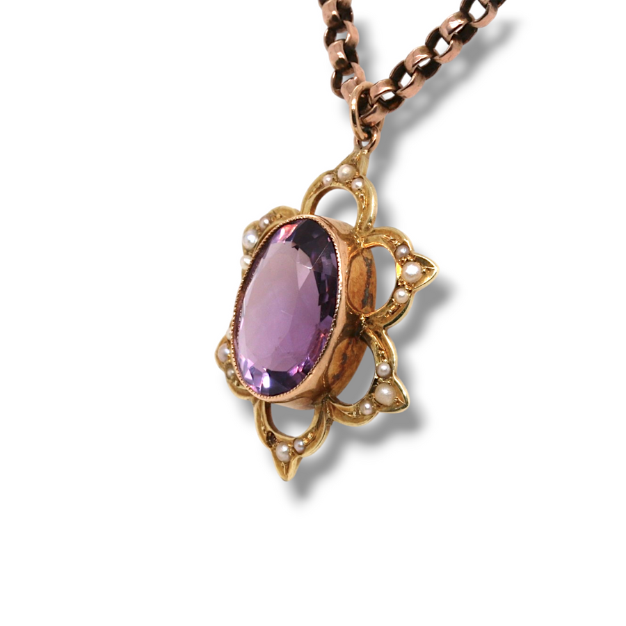 15ct Yellow Gold Amethyst & Seed Pearl Pendant & Chain