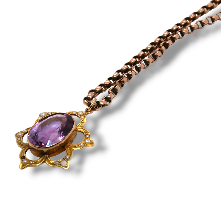 15ct Yellow Gold Amethyst & Seed Pearl Pendant & Chain