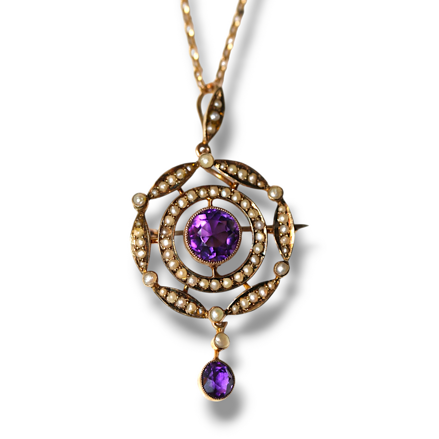 9ct Amethyst & Seed Pearl Pendant