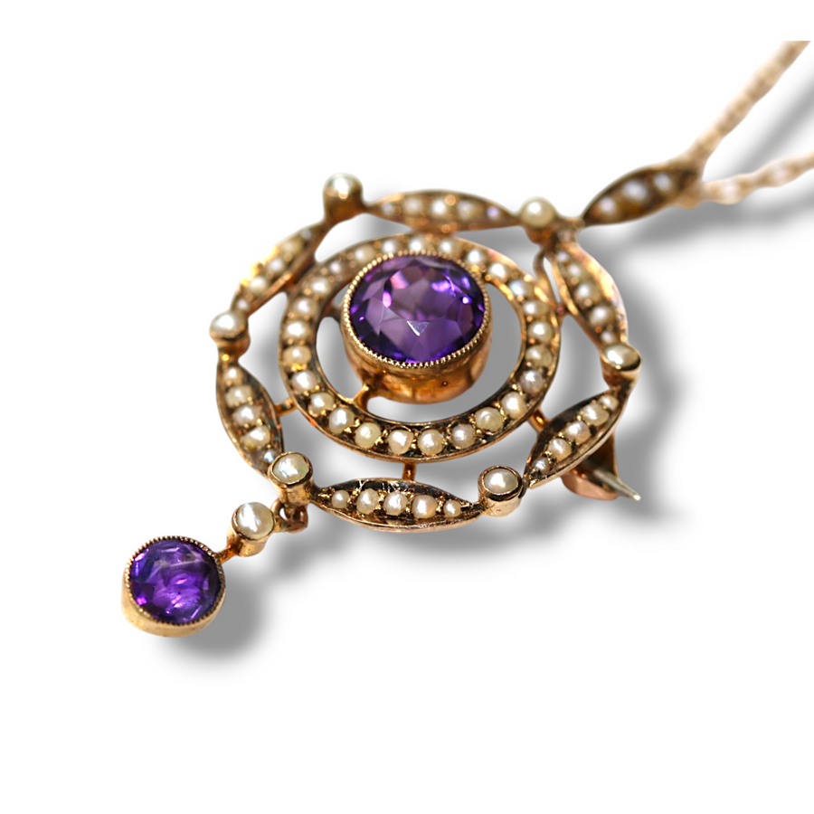 9ct Amethyst & Seed Pearl Pendant