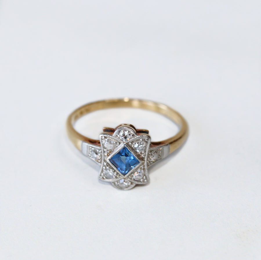 Art Deco 18ct Yellow Gold Sapphire and Diamond Panel Ring