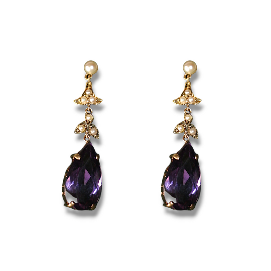 Edwardian Amethyst & Pearl Drop Earrings