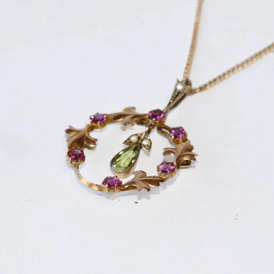 9ct Edwardian Peridot, Pink Tourmaline and Seed Pearl Pendant