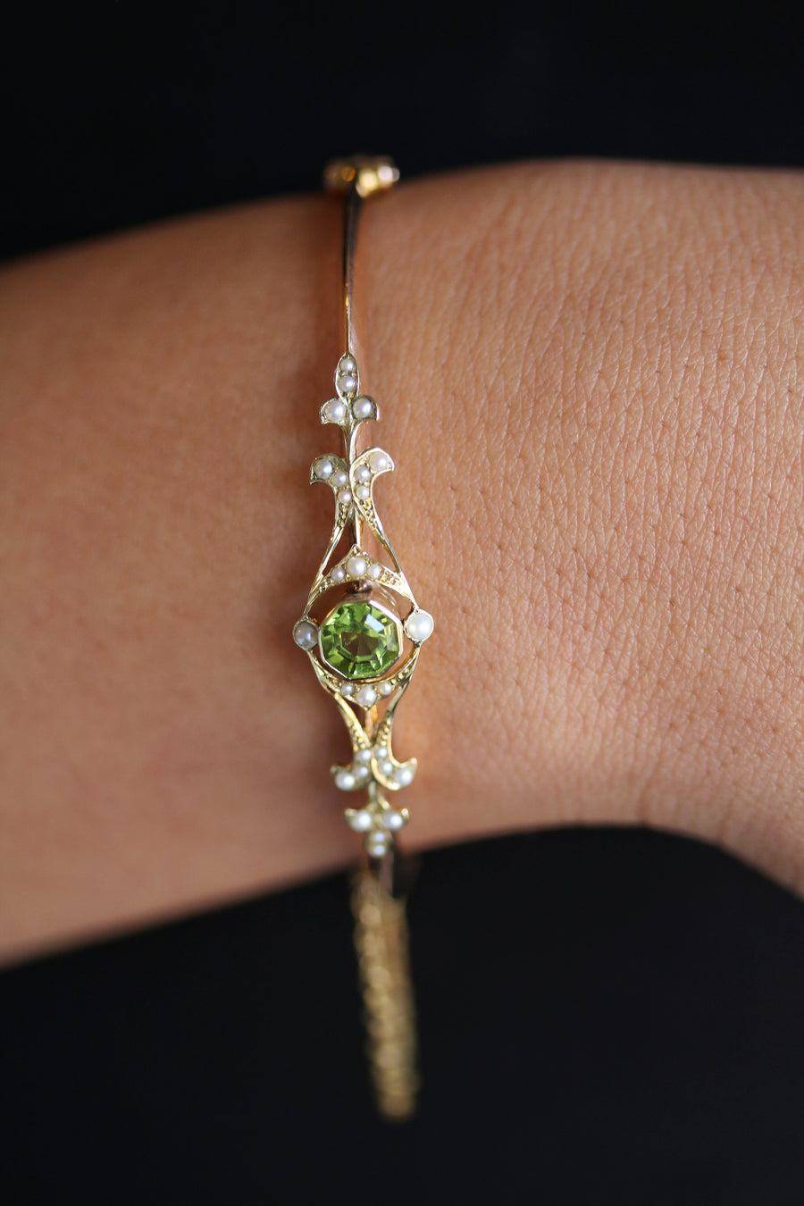 Edwardian Peridot and Pearl Bangle