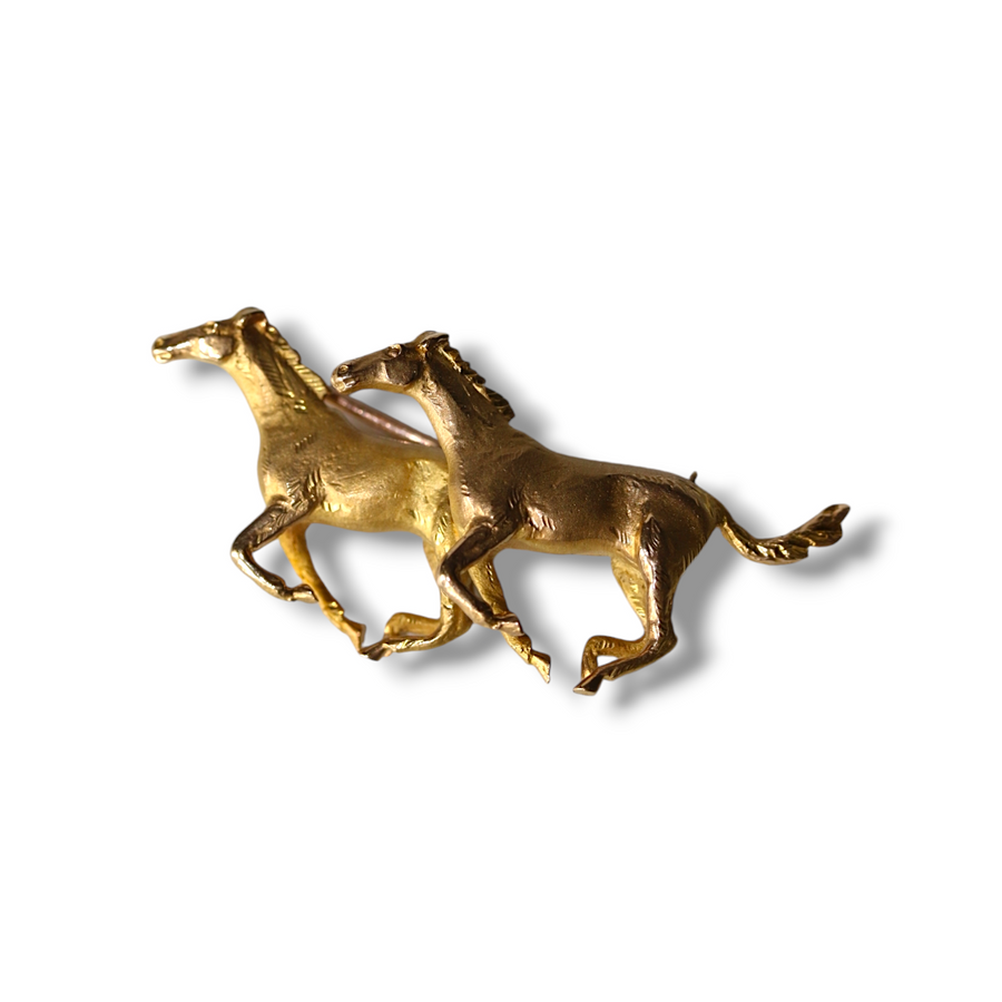 9ct Yellow Gold Galloping Horses Brooch