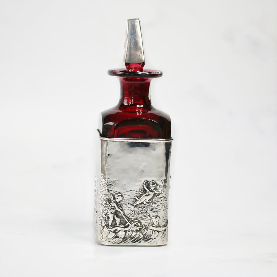 Edwardian Sterling Silver & Cranberry Glass Perfume/Cologne Bottle