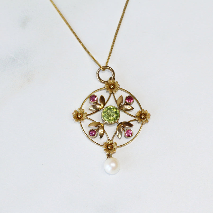 Edwardian 9ct Gold Peridot, Ruby & Pearl Pendant Necklace with Floral Detailing