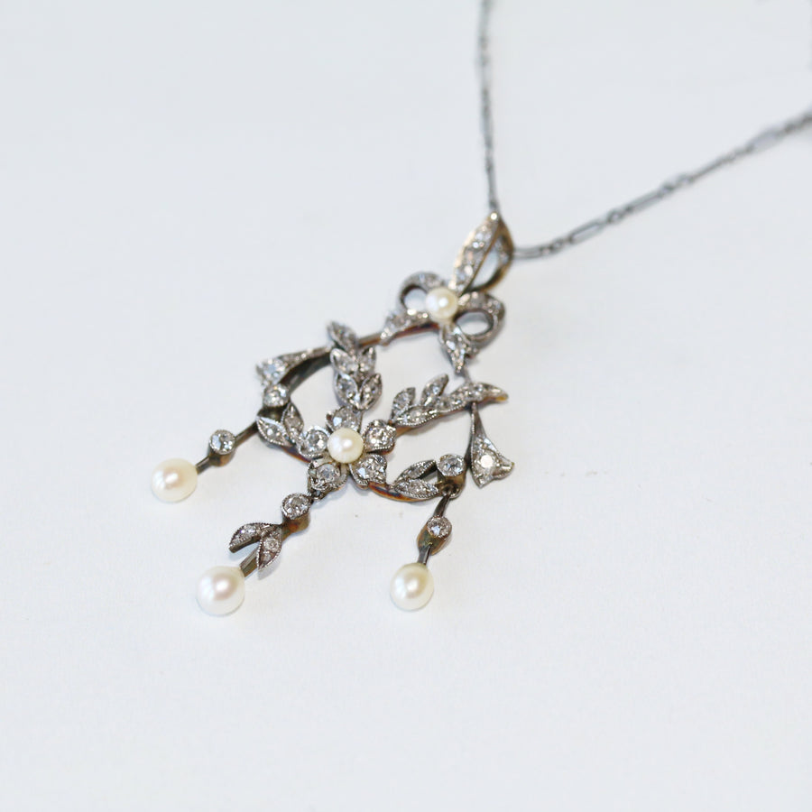 Edwardian Diamond & Seed Pearl Drop Pendant with Floral Detailing