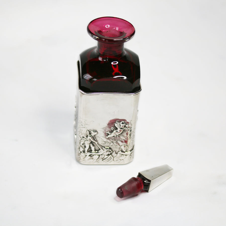 Edwardian Sterling Silver & Cranberry Glass Perfume/Cologne Bottle