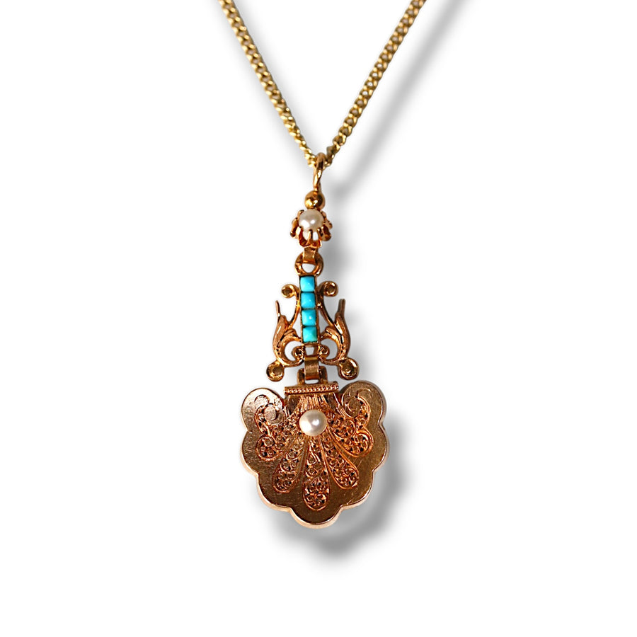 9ct Yellow Gold Victorian Seed Pearl & Turquoise Pendant