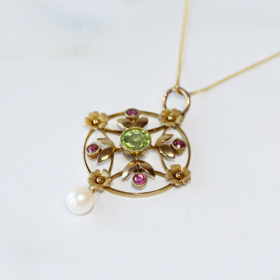 Edwardian 9ct Gold Peridot, Ruby & Pearl Pendant Necklace with Floral Detailing