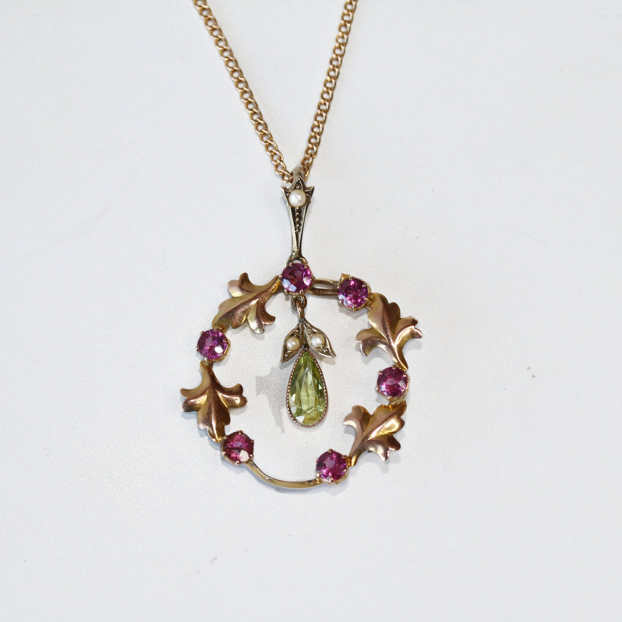 9ct Edwardian Peridot, Pink Tourmaline and Seed Pearl Pendant