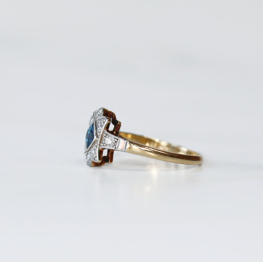 Art Deco 18ct Yellow Gold Sapphire and Diamond Panel Ring